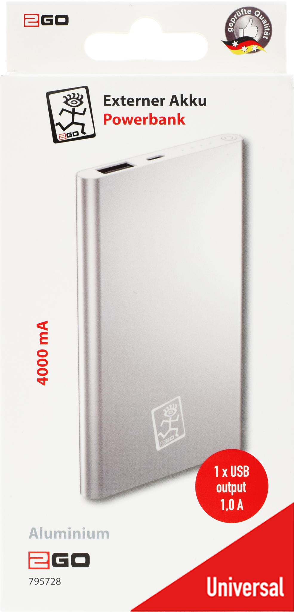 2GO-Mobile.net -B2B-. Powerbank 4000mAh 1xUSB 1A