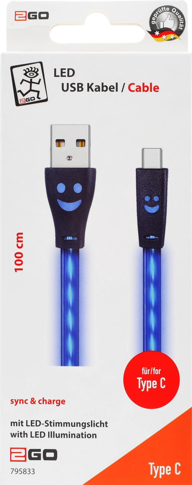 2GO Mobile.net - B2C -. USB Datenkabel - schwarz mit blauer LED-Beleuchtung  - 100cm