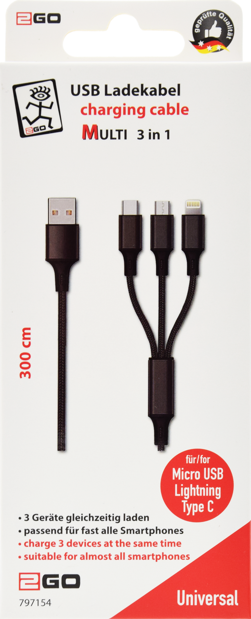 2GO Mobile.net - B2C -. 3 in 1 USB Ladekabel - schwarz - 300cm
