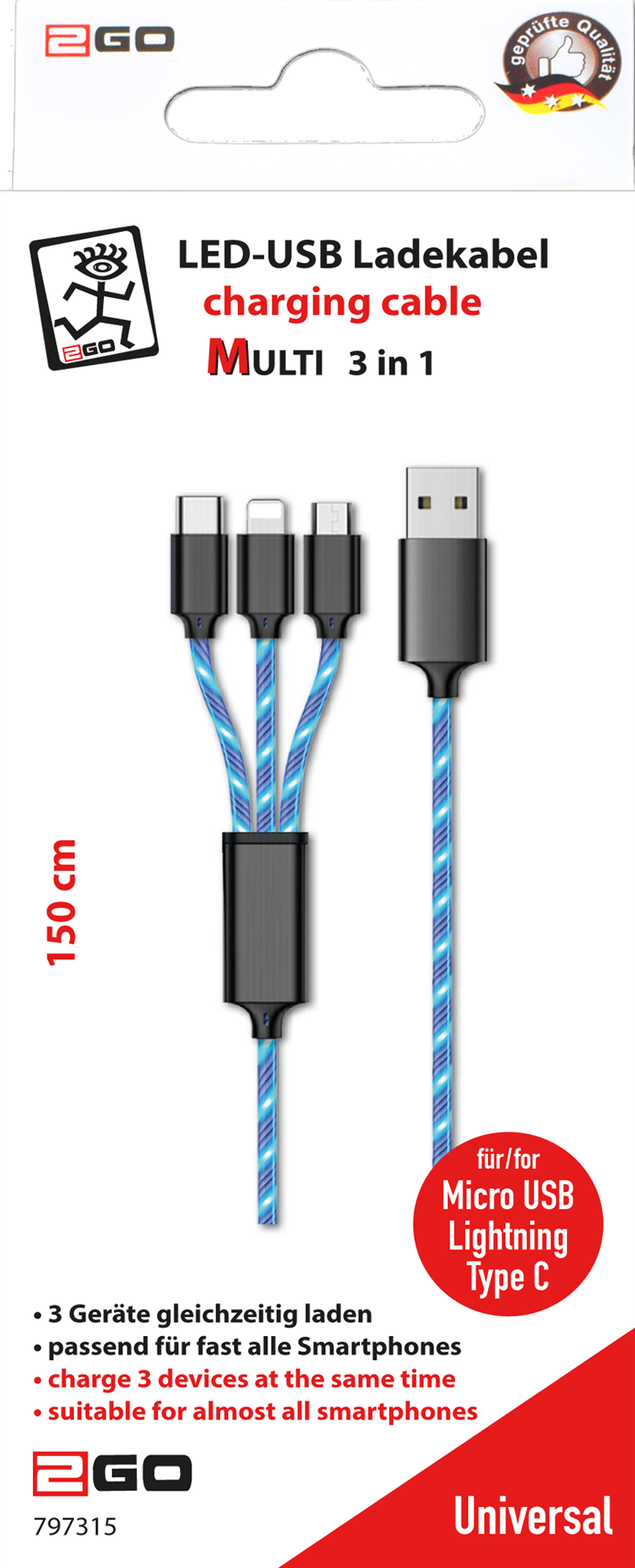 2GO Mobile.net - B2C -. 3in1 USB LED Kabel blau 100cm