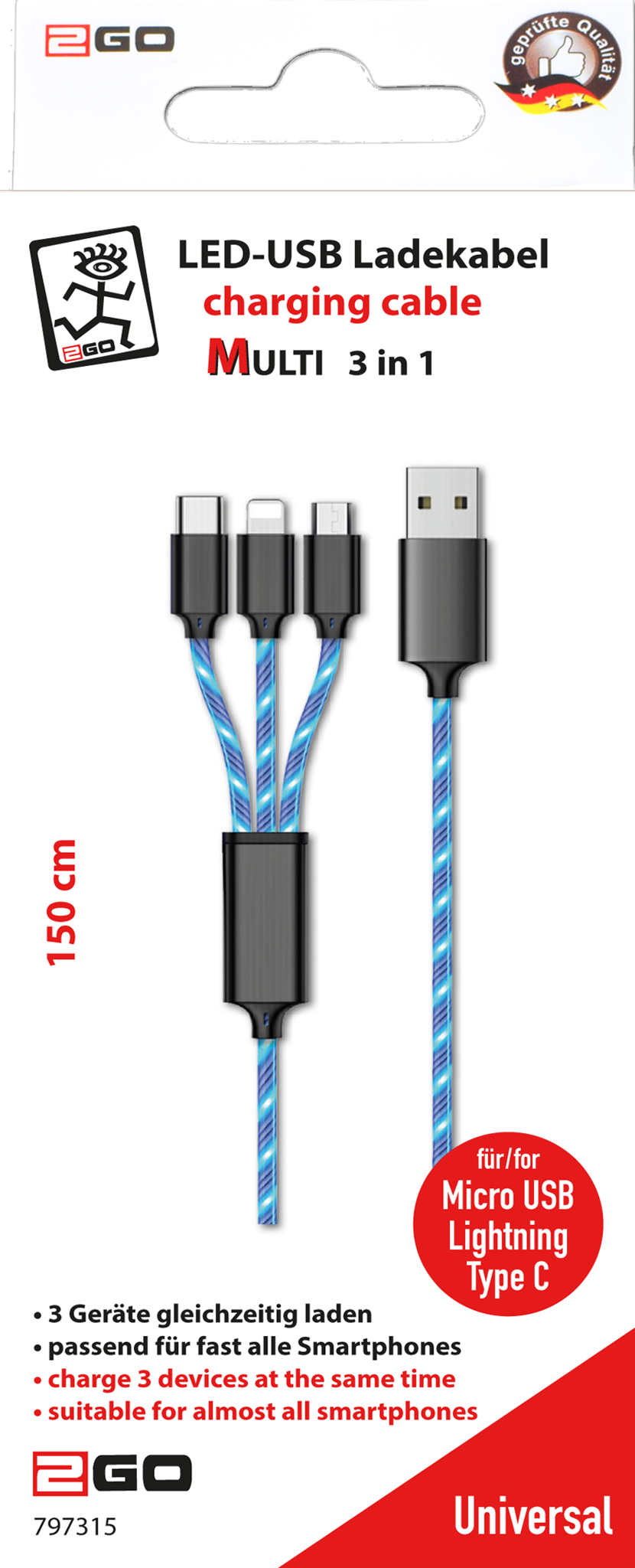 Micro-USB-Kabel mit LED Licht (blaue LEDS) - SmartGeocaching Onlineshop